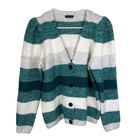 Vince Camuto Puff Sleeve Cardigan Button Front Knit Teal Grey Cream Striped L - Picture 1 of 10
